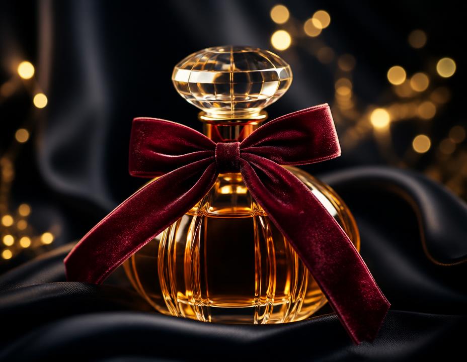 Amber perfume bottle with velvet bow