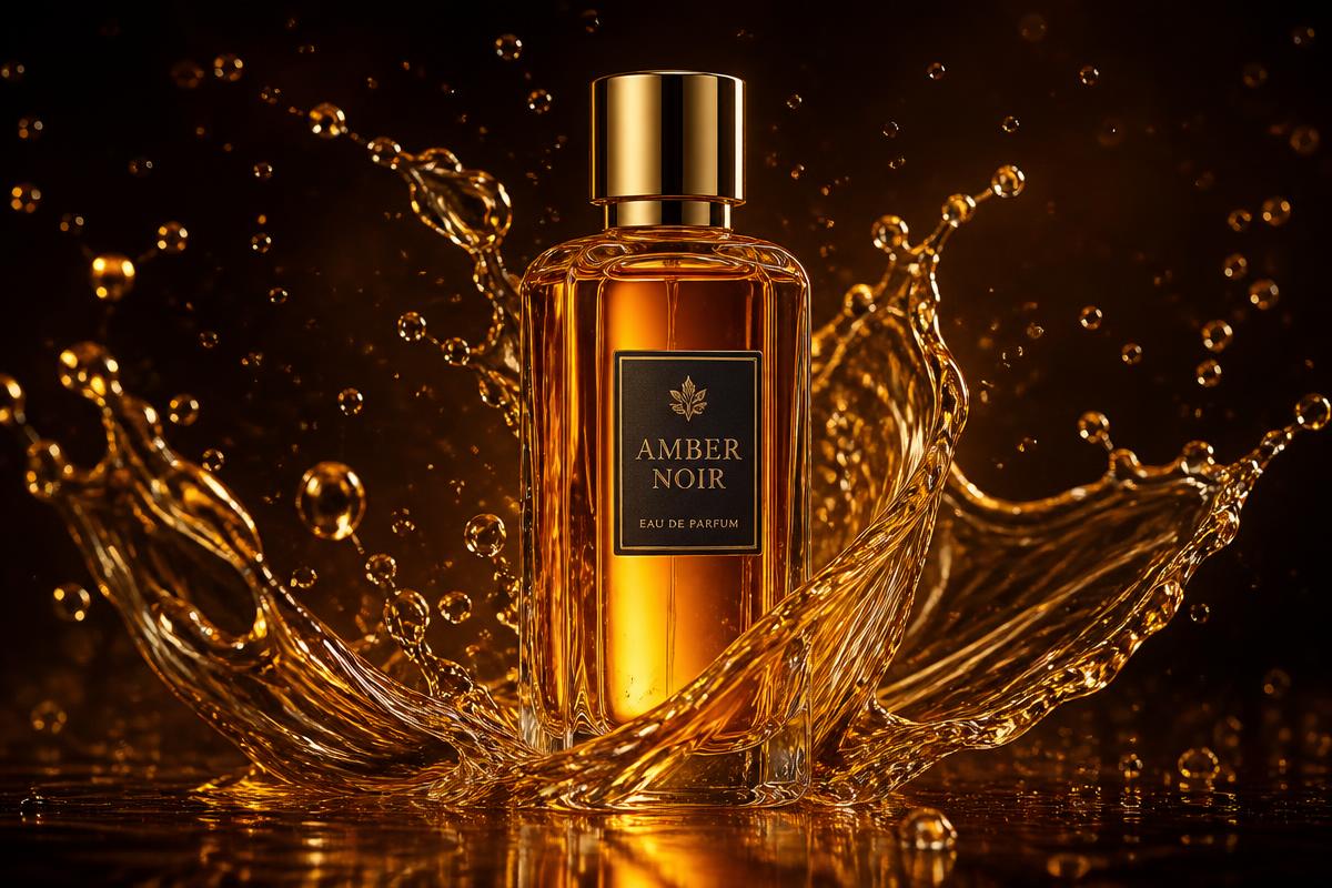 Amber perfume bottle in a golden splash
